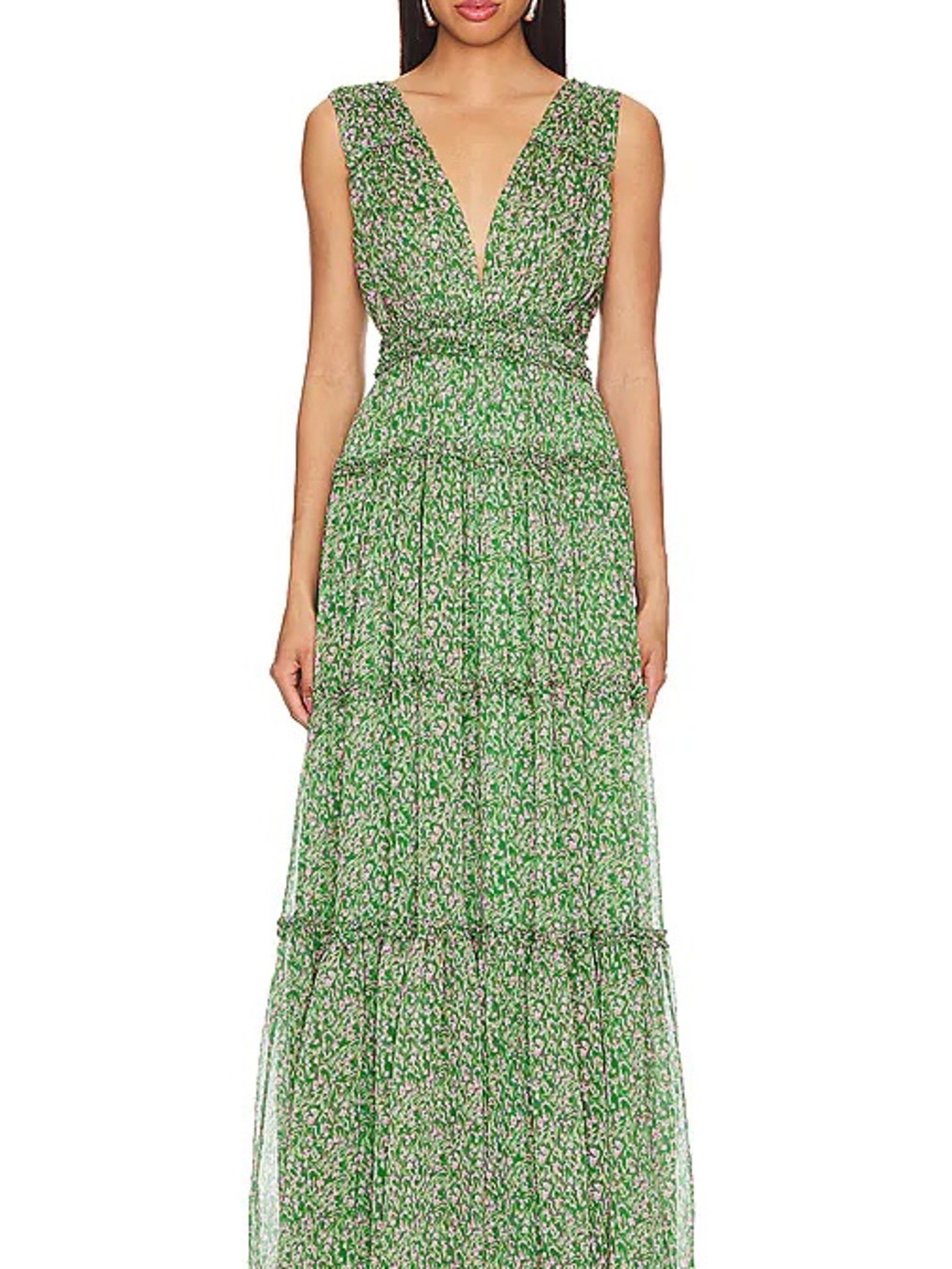 ASTR the Label Edessa Green Floral V-Neck Smocked Tiered Maxi Dress